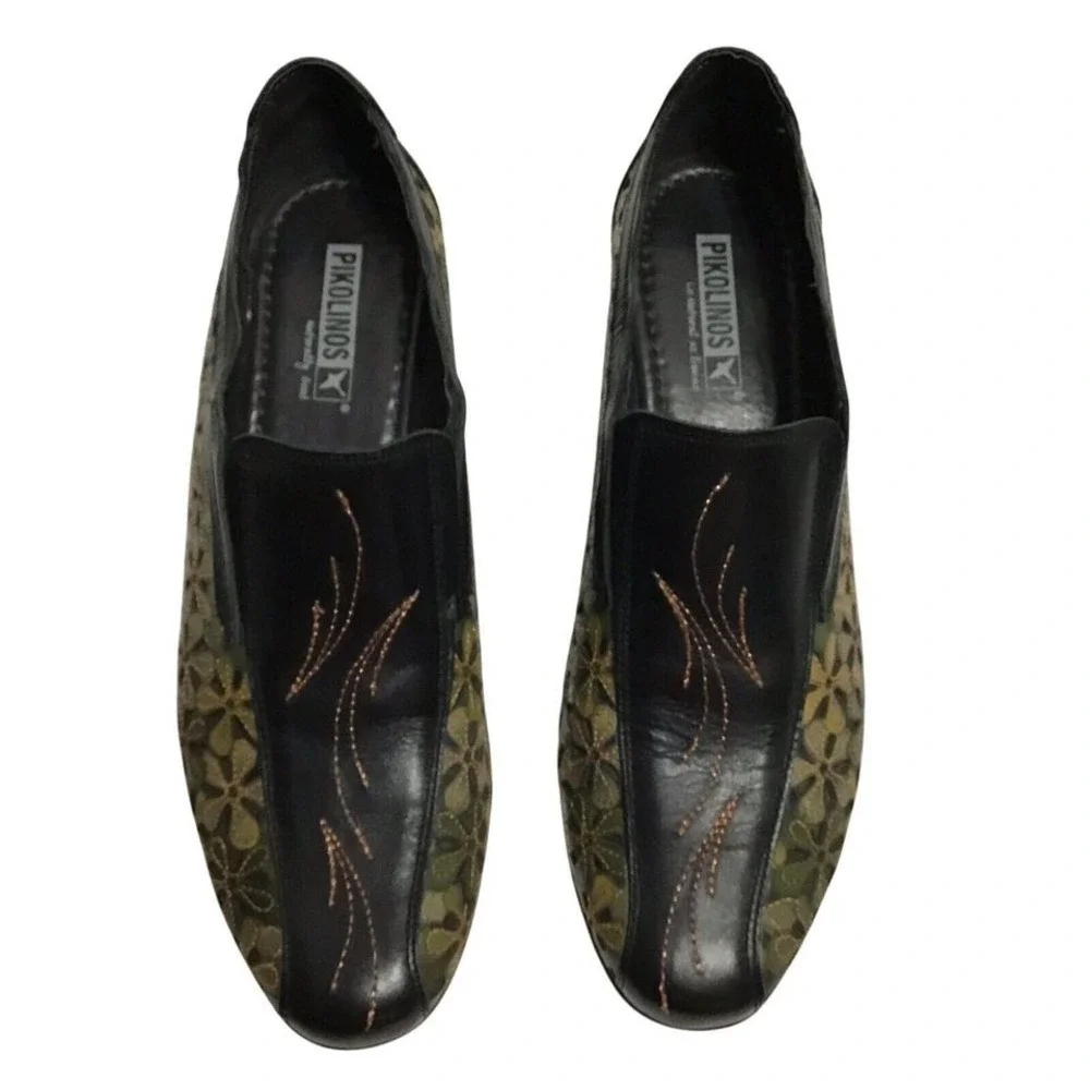 Pikolinos Womens 37 Black Olive Green Floral Leather Laser Cut Wedge Shoes